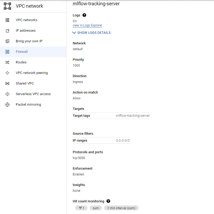 Firewall rule for MLflow tracking server