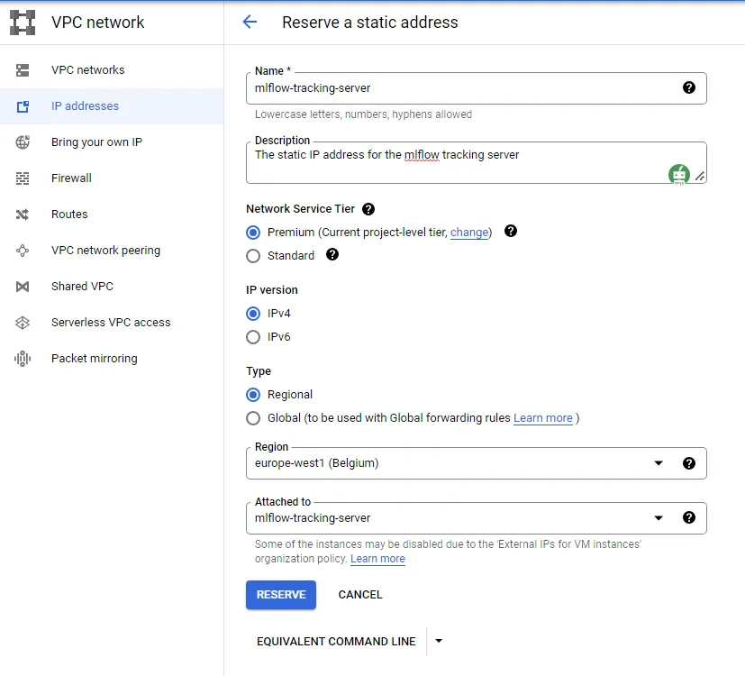 VPC network IP addresses section