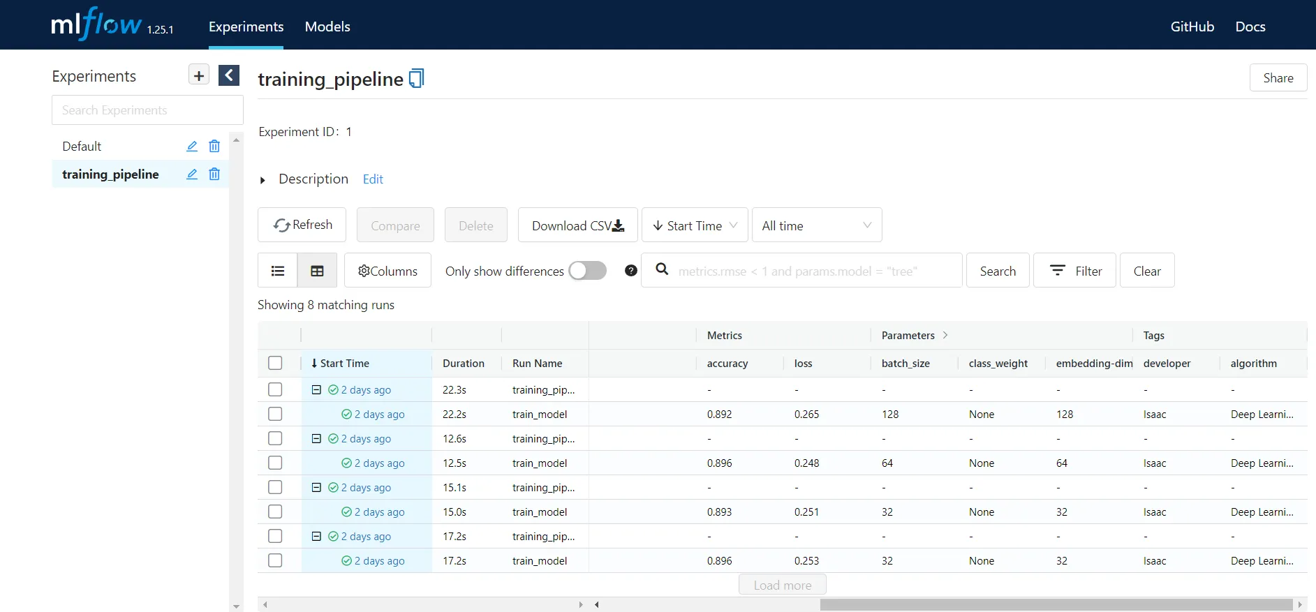 MLflow UI results