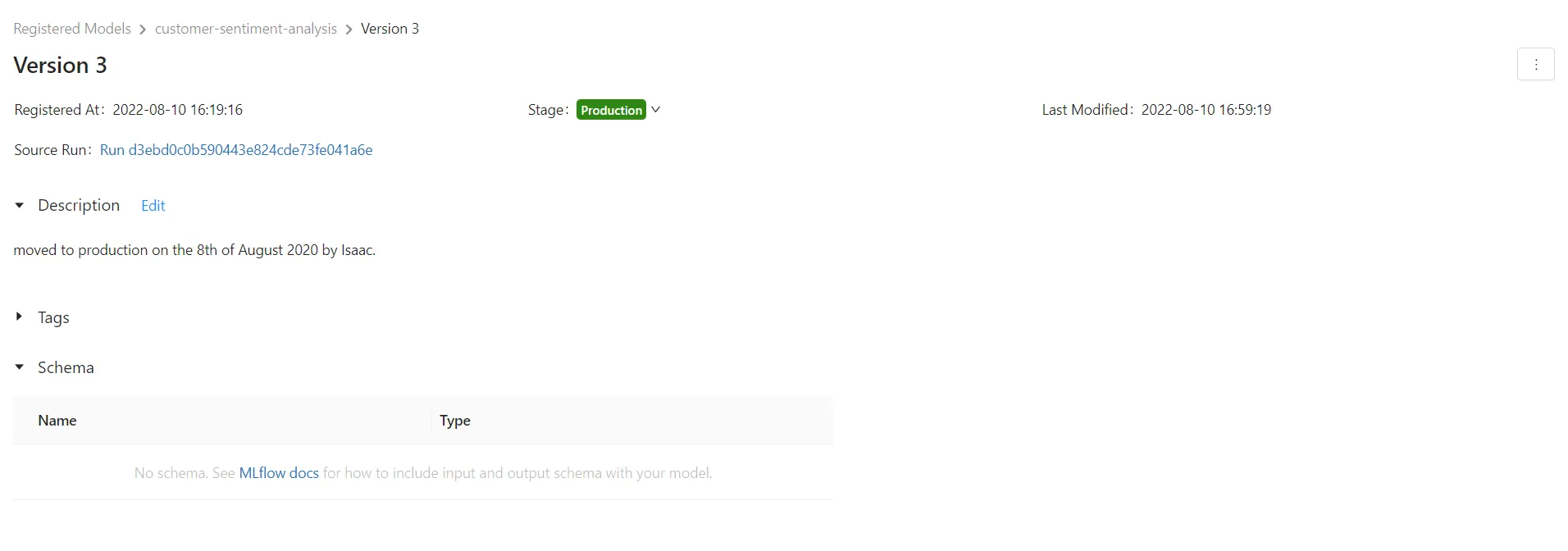 Model transitioned to production stage in MLflow