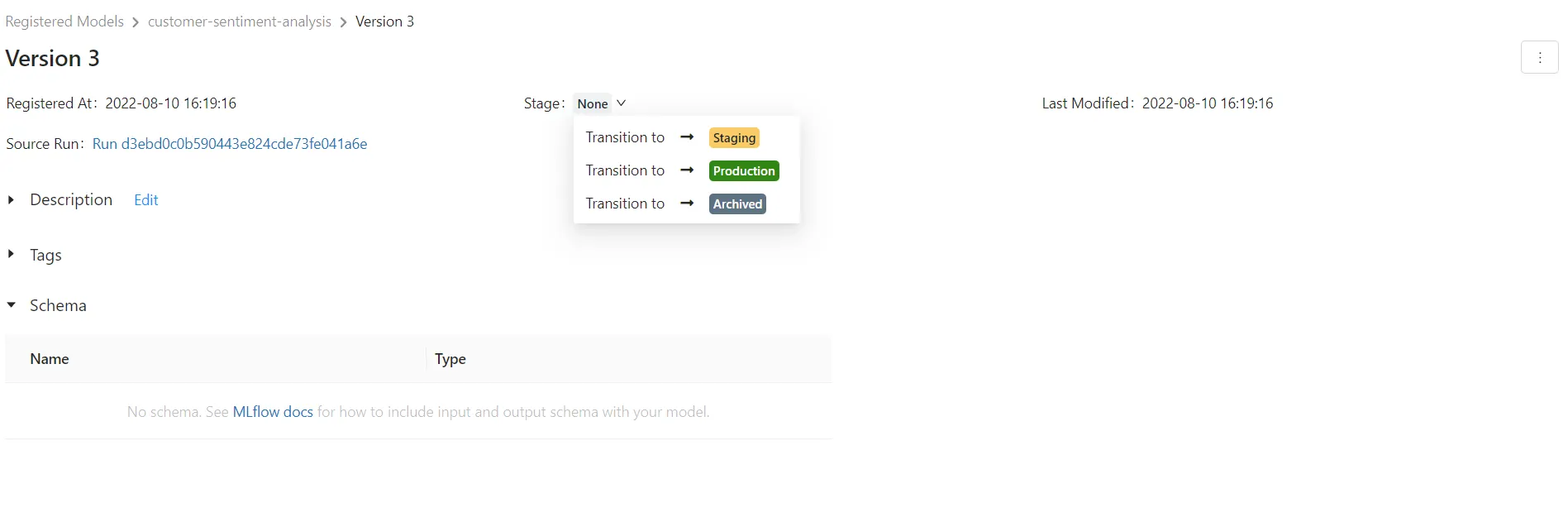 Model versions list in MLflow Models tab