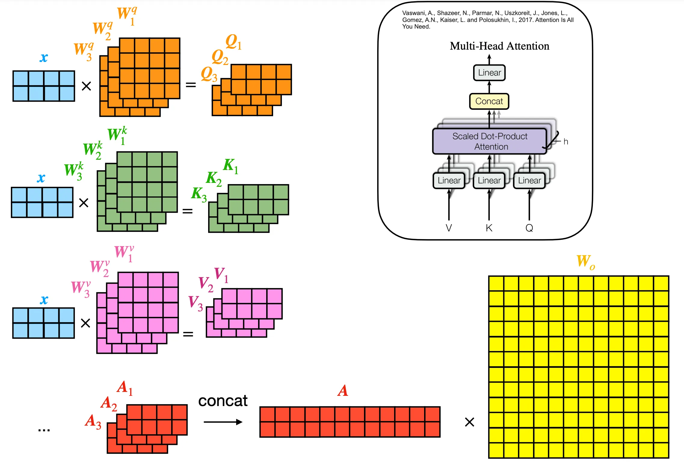 Multi-head attention process from input to concatenation
